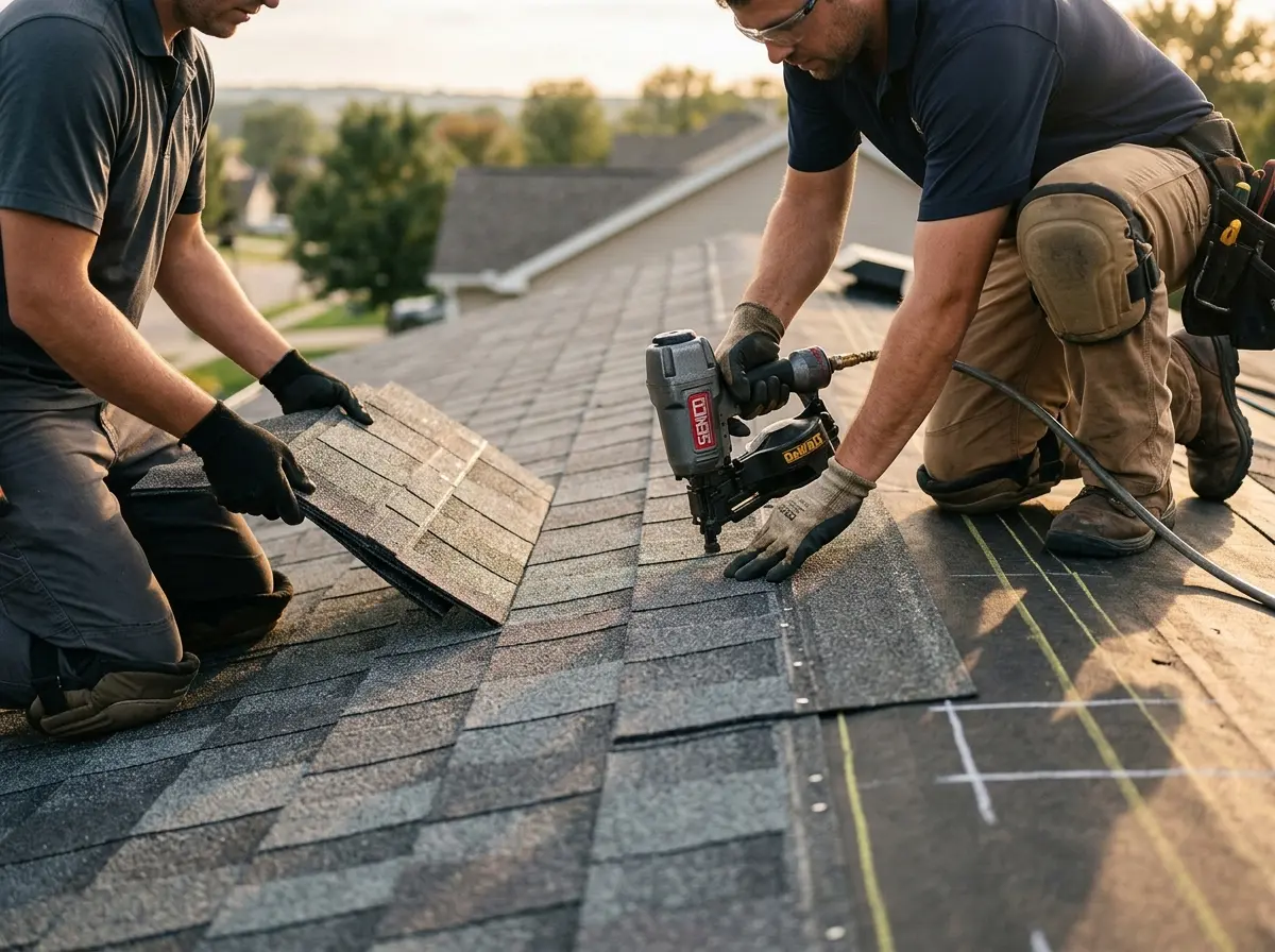 Professional roofer working on a residential roof in Keller